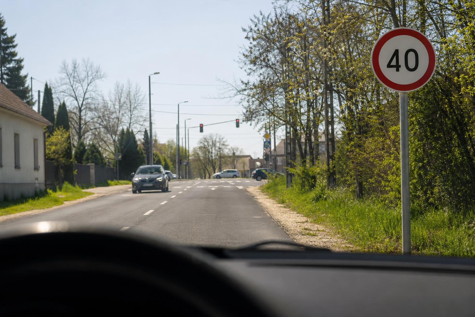 40 km/órás sebességkorlátozó tábla egy útkereszteződés felé vezető magyar útszakasz mellett