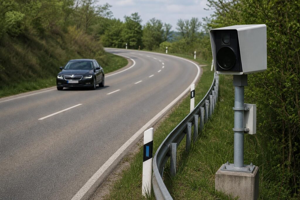Traffipax egy kanyargó úton, amely ferdén érkező autót mér