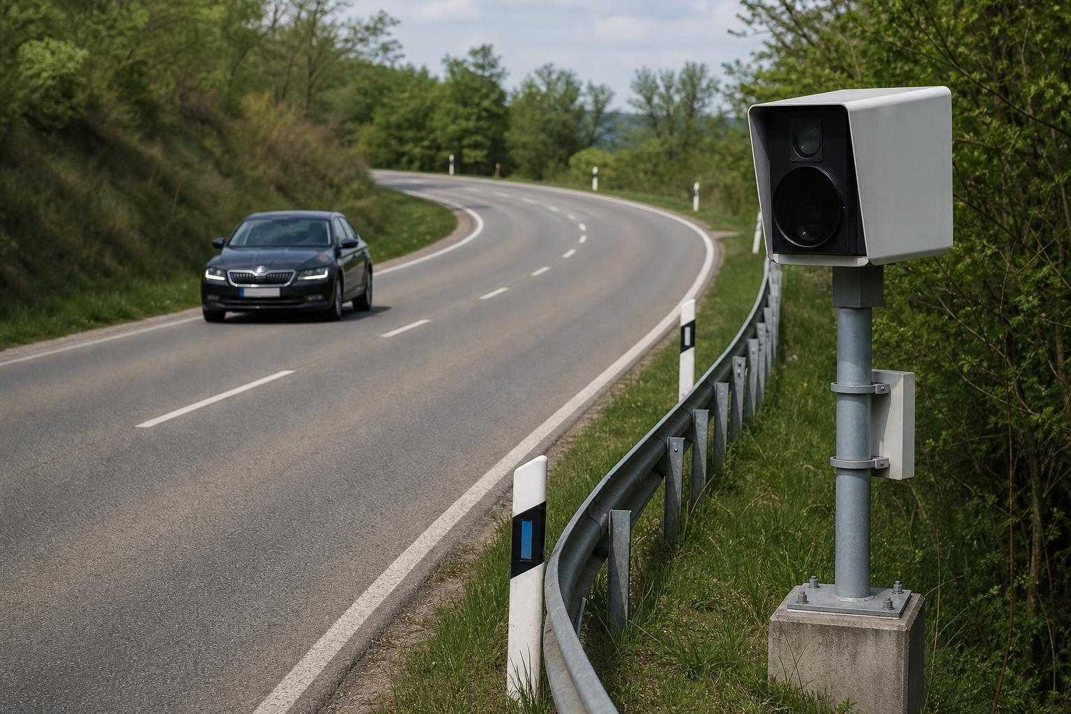 Traffipax egy kanyargó úton, amely ferdén érkező autót mér