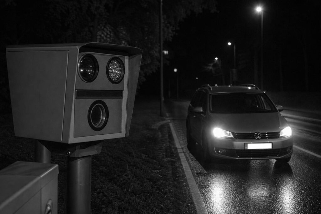 Éjszaka működő sebességmérő kamera egy elhaladó autó fényvisszaverő rendszámát rögzíti
