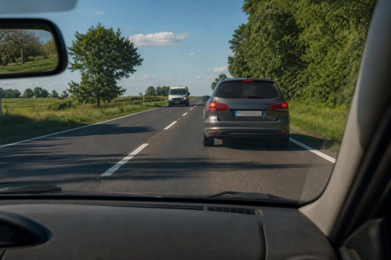 Két autó és egy szembejövő jármű látható egy kétsávos úton előzés közben, az előzés veszélyes helyzetét bemutatva