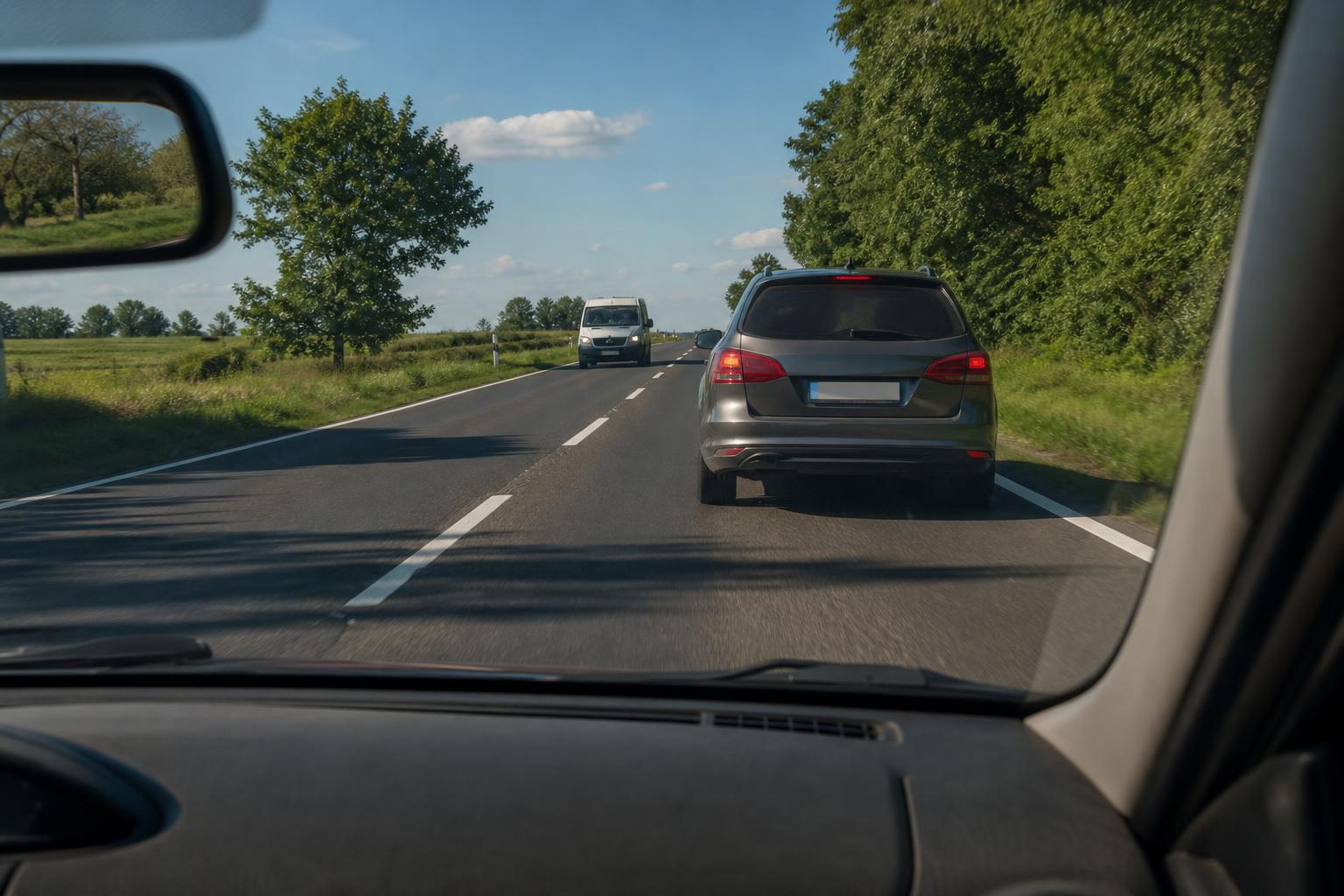 Két autó és egy szembejövő jármű látható egy kétsávos úton előzés közben, az előzés veszélyes helyzetét bemutatva