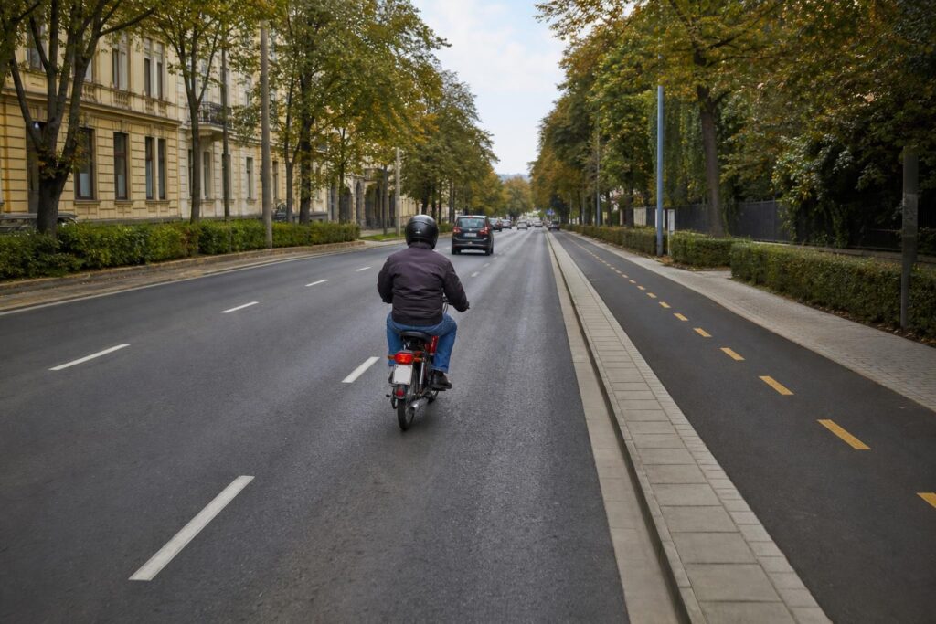 Segédmotoros kerékpár az úttest jobb oldalán, mellette külön kerékpársávval és járdával