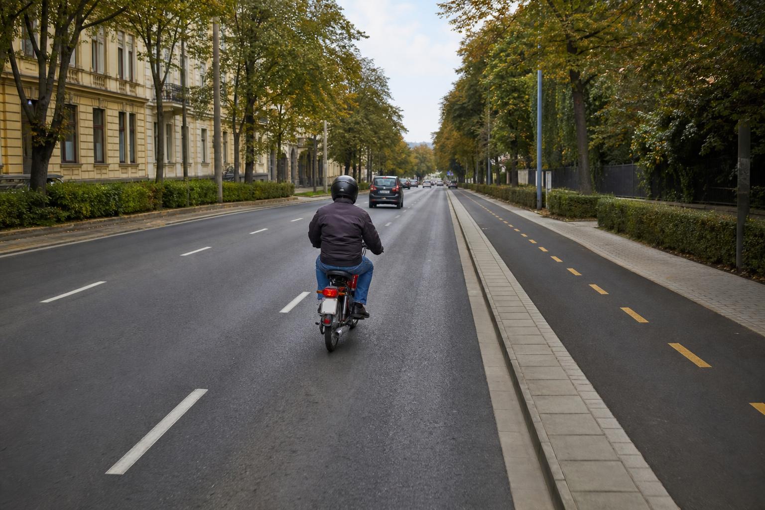 Segédmotoros kerékpár az úttest jobb oldalán, mellette külön kerékpársávval és járdával