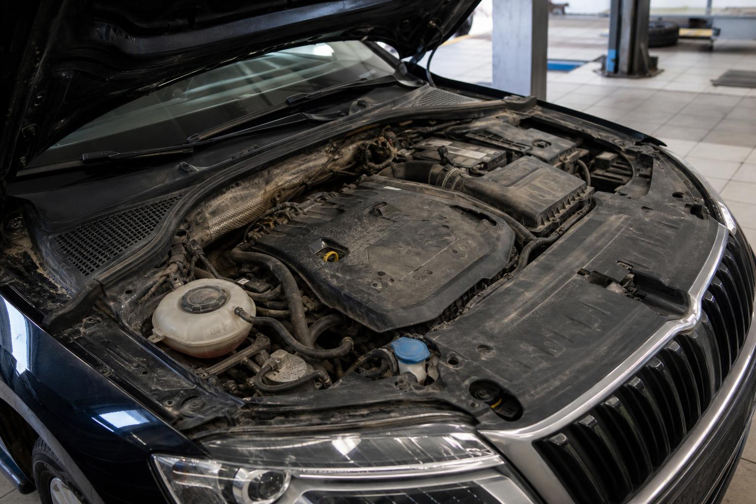 Fiatal, sokat futott autó nyitott motortere műhelyi átvizsgálás közben