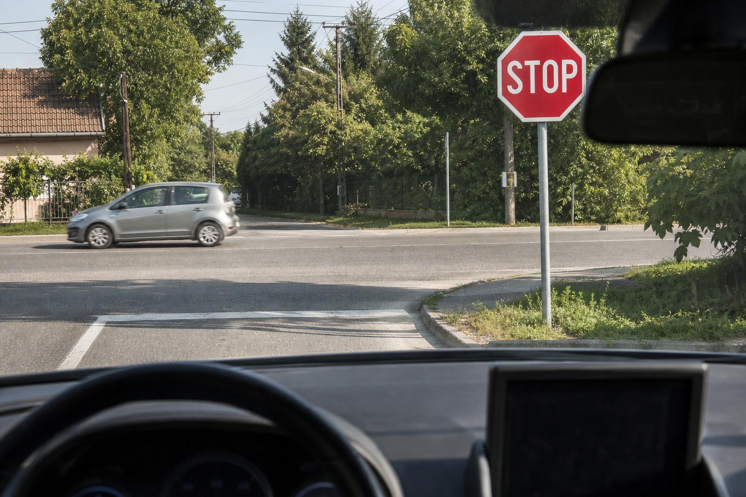 Autó közeledik STOP táblához és a felfestett stopvonalhoz egy kereszteződésben