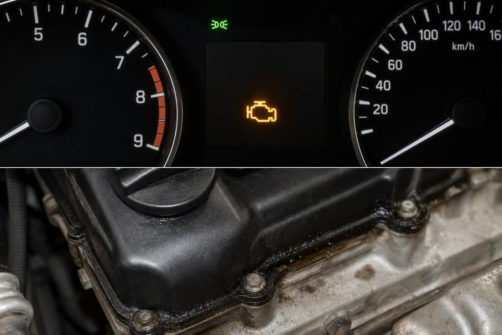 Közeli, élethű kép egy motor szelepfedelének szélén látható olajszivárgással
