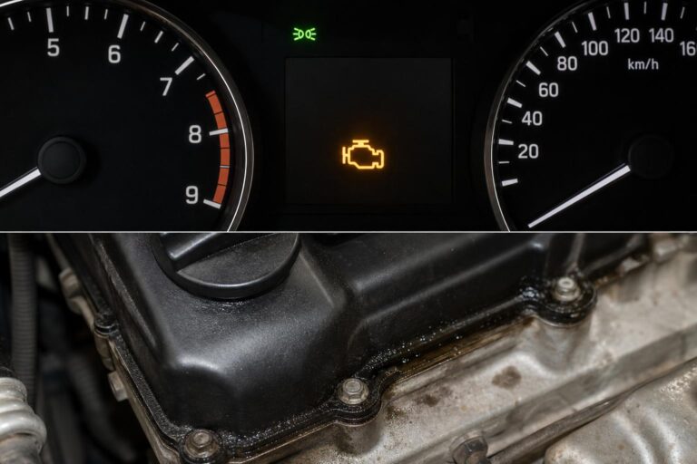 Közeli, élethű kép egy motor szelepfedelének szélén látható olajszivárgással