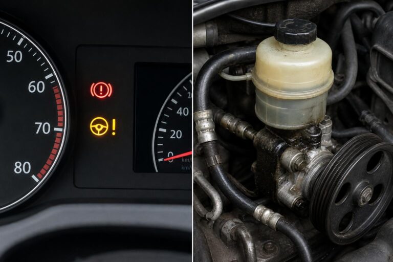 Hidraulikus szervokormány folyadéktartálya és csövei egy autó motorterében