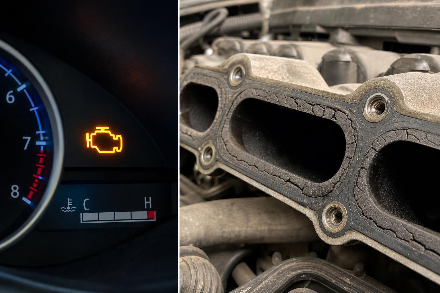 Repedt és tömítetlen szívósor tömítés közeli képe egy autómotoron