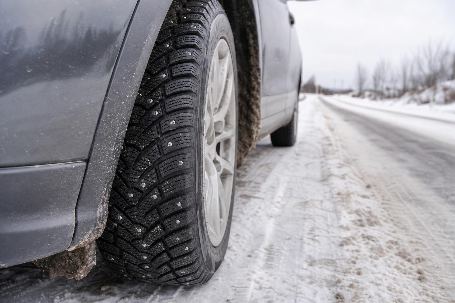 Szöges téli gumiabroncs fémszegekkel havas út mellett