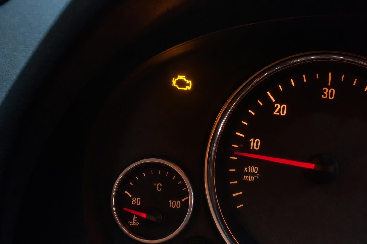 Autó műszerfalának közeli képe világító motorhiba-jelző ikonnal, tankszellőztető szelep hibájára utaló figyelmeztetésként