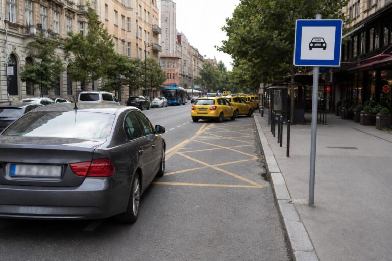 Kijelölt taxiállomás jelzőtáblával és útburkolati jellel, mellette szabályosan megálló személyautó