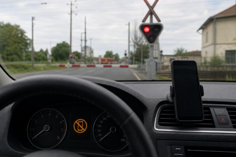 Autó áll a vasúti átjáró piros jelzése előtt, a telefon pedig érintetlenül a műszerfal tartójában van.