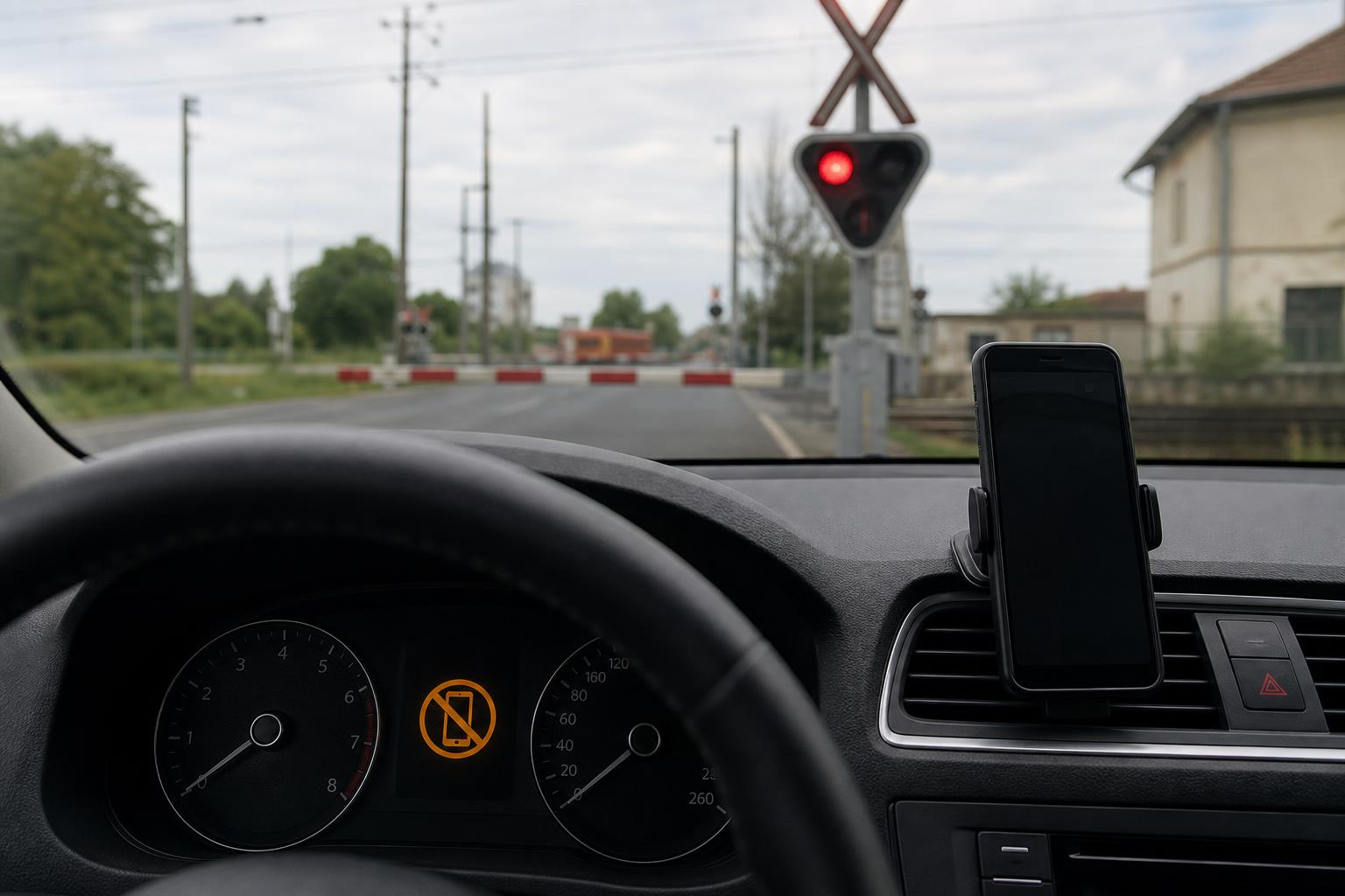 Autó áll a vasúti átjáró piros jelzése előtt, a telefon pedig érintetlenül a műszerfal tartójában van.