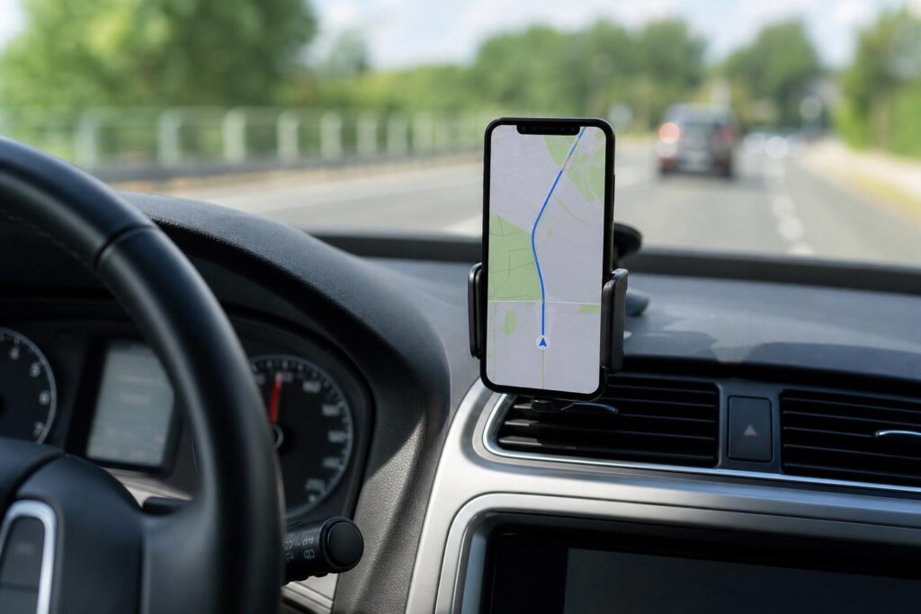 Rögzített telefon navigációs térképpel egy autó műszerfalán, kézben tartás nélkül