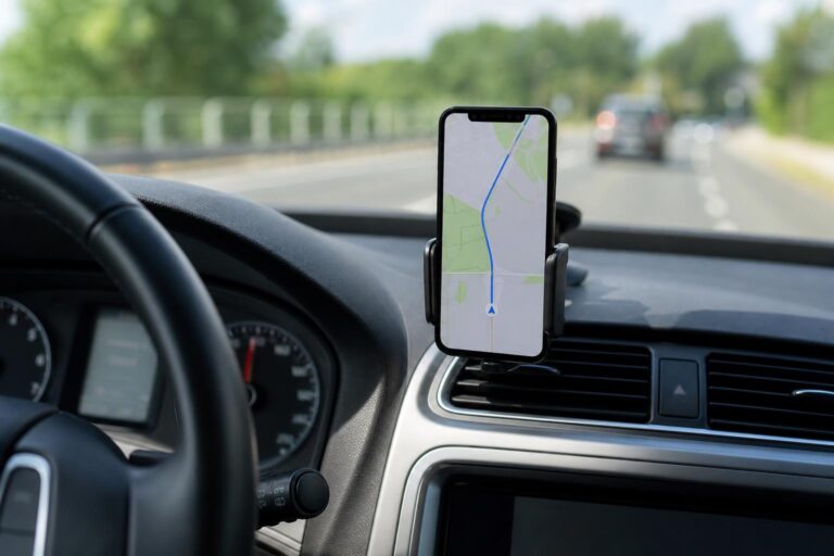 Rögzített telefon navigációs térképpel egy autó műszerfalán, kézben tartás nélkül