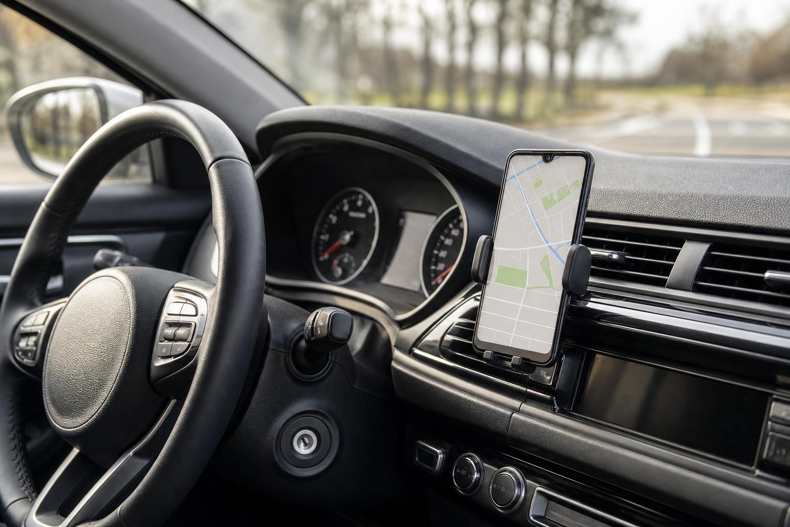 Rögzített mobiltelefon és kormány egy autó belsejében, kihangosított navigáció használatára utaló beállítással