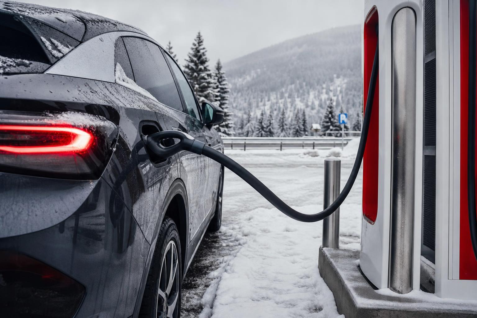 Elektromos autó töltése havas téli időben egy nyilvános töltőállomáson