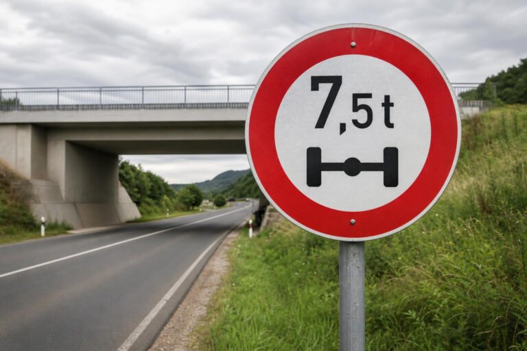 Tengelyterhelés-korlátozást jelző piros szegélyű közúti tábla egy híd előtti útszakaszon