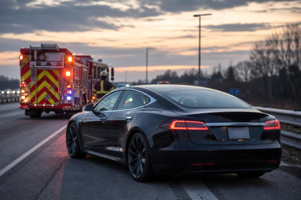 Tesla Model S és tűzoltóautó egy kaliforniai autópálya mentén