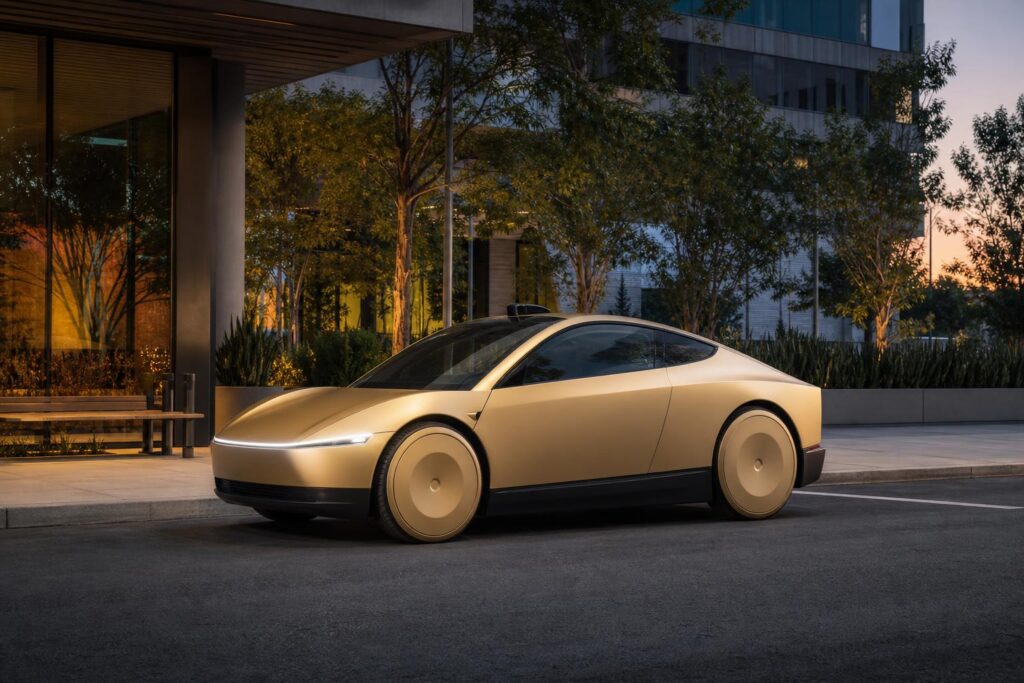 Aranyszínű Tesla Cybercab egy austini robotaxi-felvételi ponton