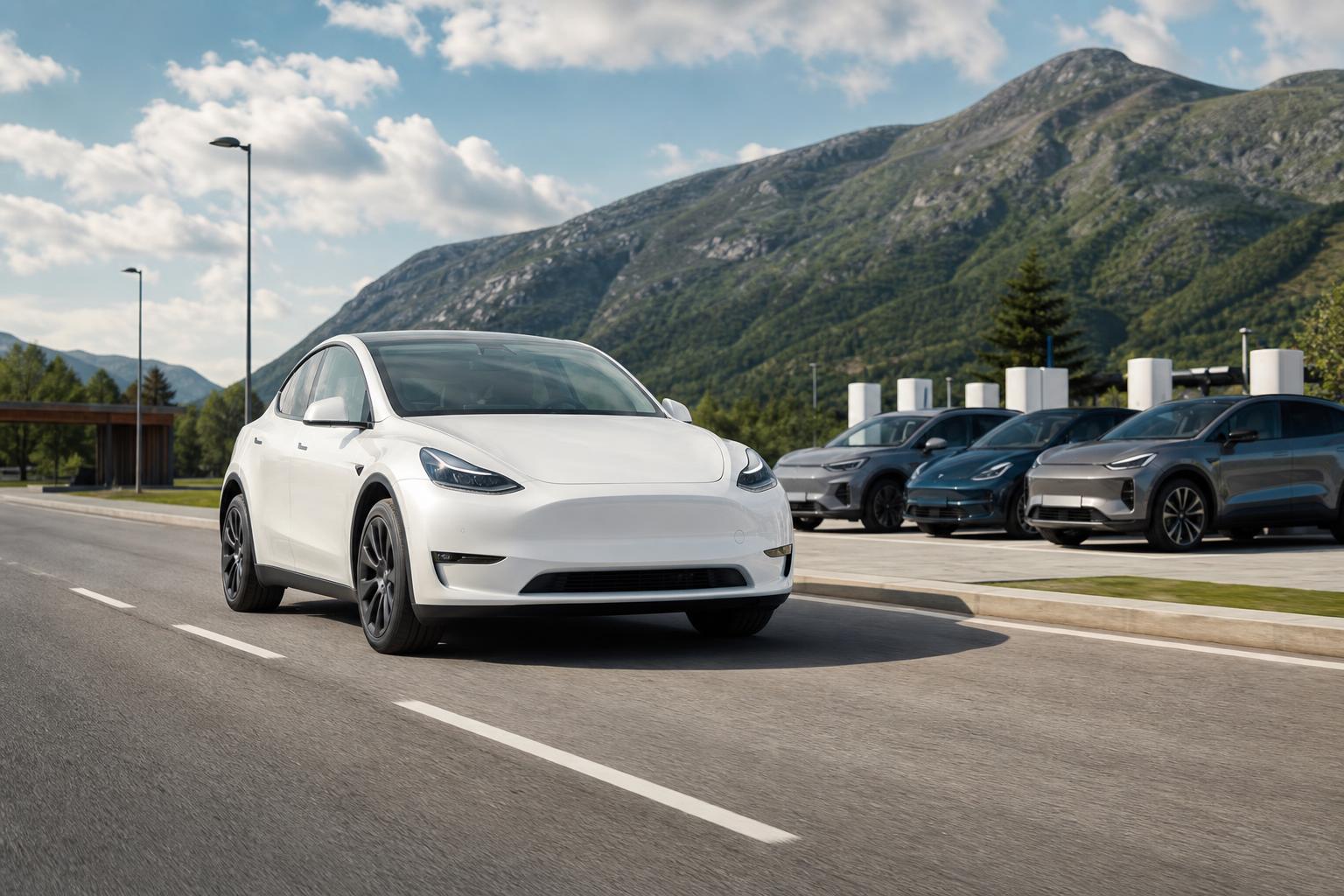 Tesla Model Y Standard és konkurens elektromos SUV-k töltőállomás mellett