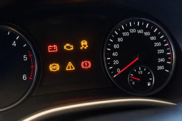 Autó műszerfala több egyszerre világító akkumulátor-, motorhiba-, ABS- és menetstabilizáló-jelzéssel