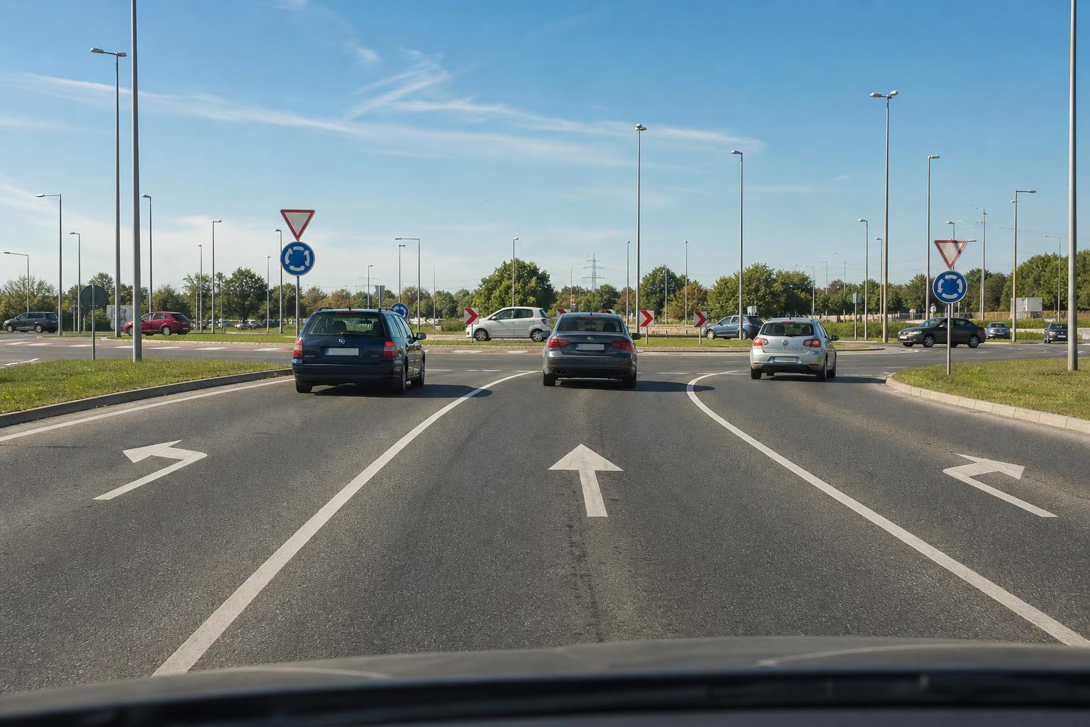Többsávos körforgalom jól látható sávnyilakkal és szabályosan haladó autókkal