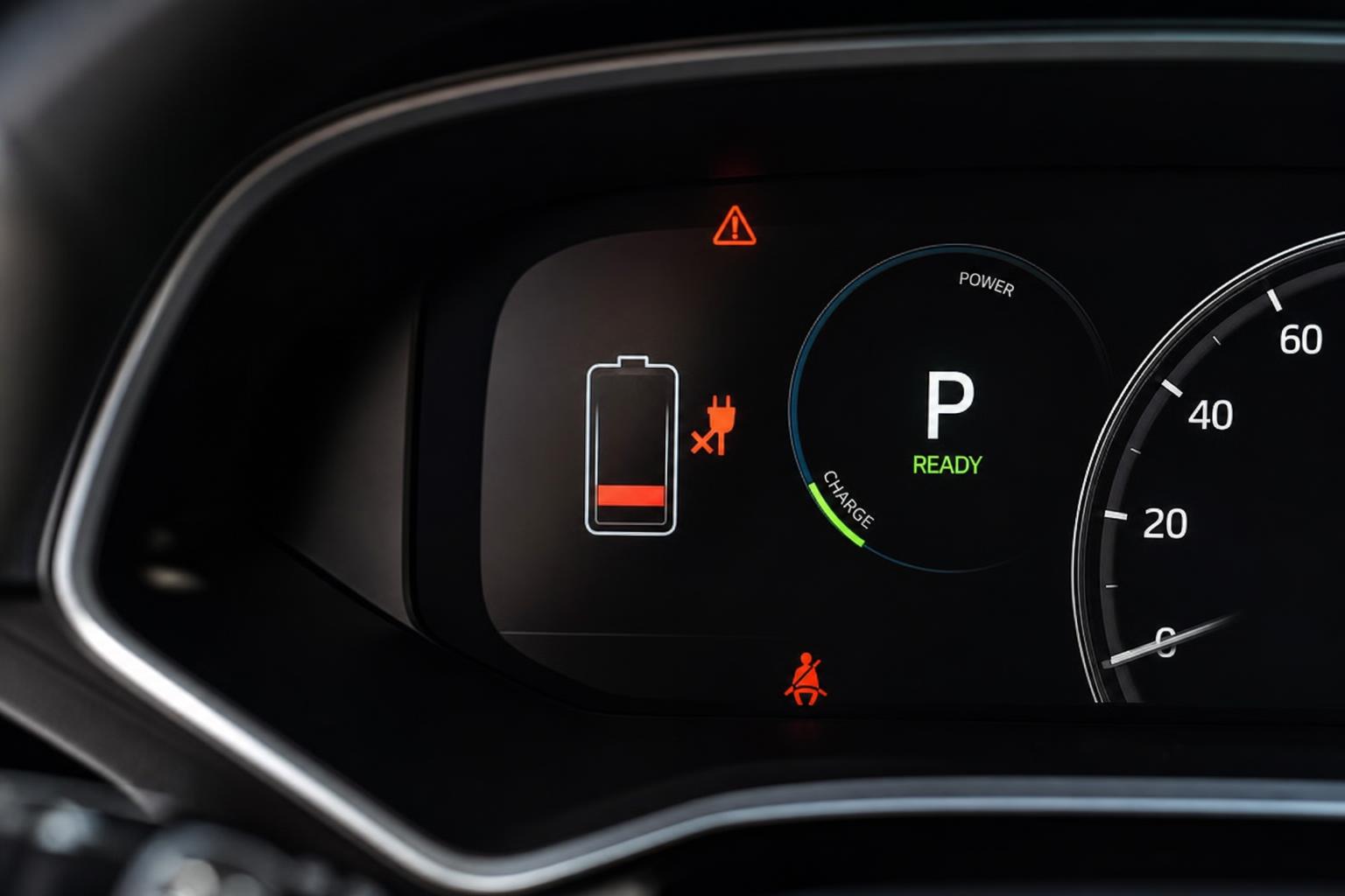 Elektromos autó műszerfala töltési hibára figyelmeztető gyári ikonnal