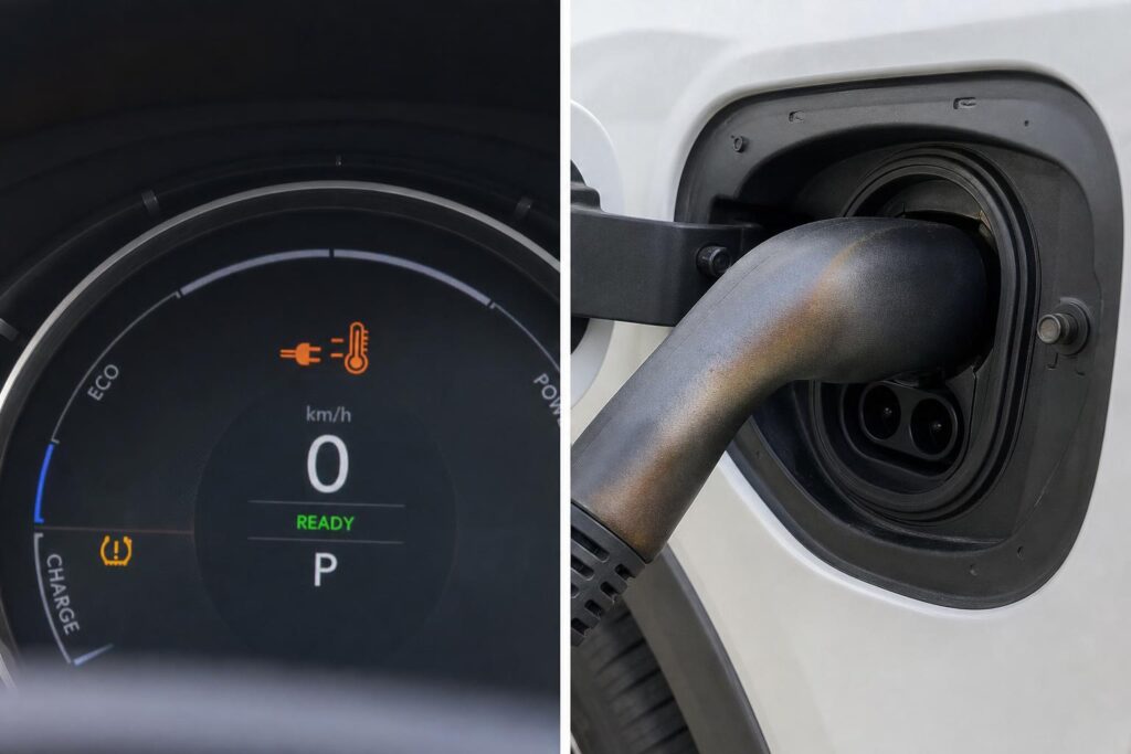 Elektromos autó töltőcsatlakozója enyhe hőkárosodásra utaló elszíneződéssel