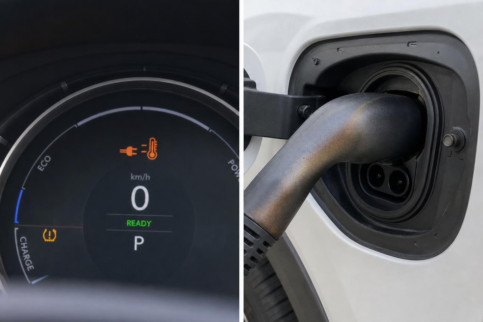 Elektromos autó töltőcsatlakozója enyhe hőkárosodásra utaló elszíneződéssel