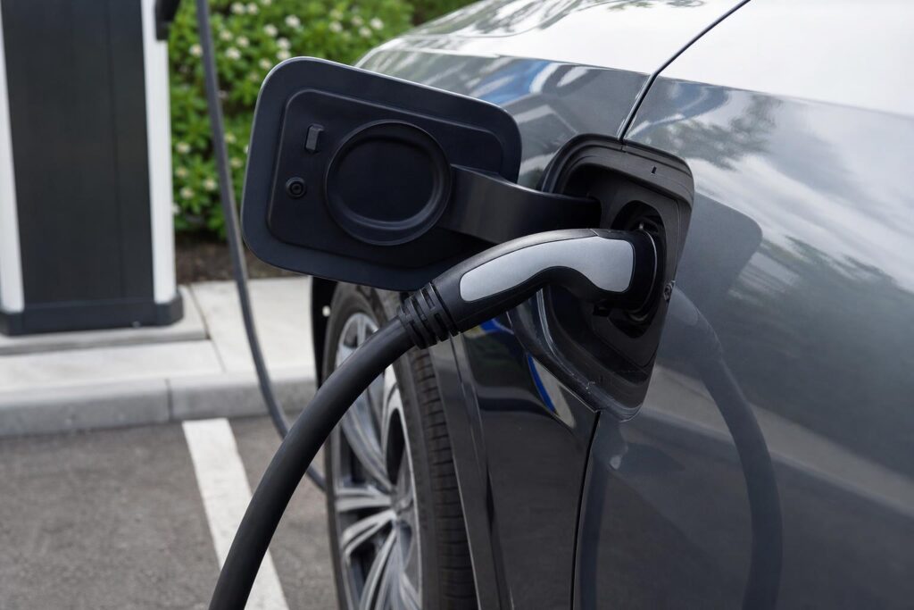 Type 2 töltőkábel csatlakoztatva egy elektromos autó töltőaljzatához