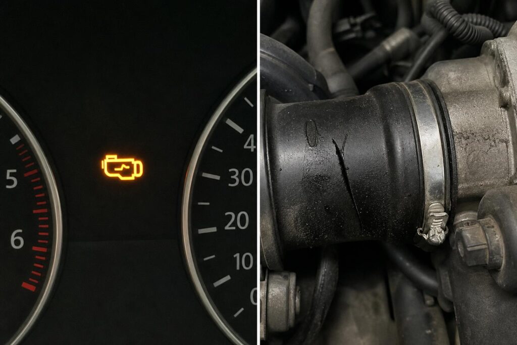 Repedt fekete töltőlevegőcső turbófeltöltős autó motorterében, olajos szivárgásnyommal