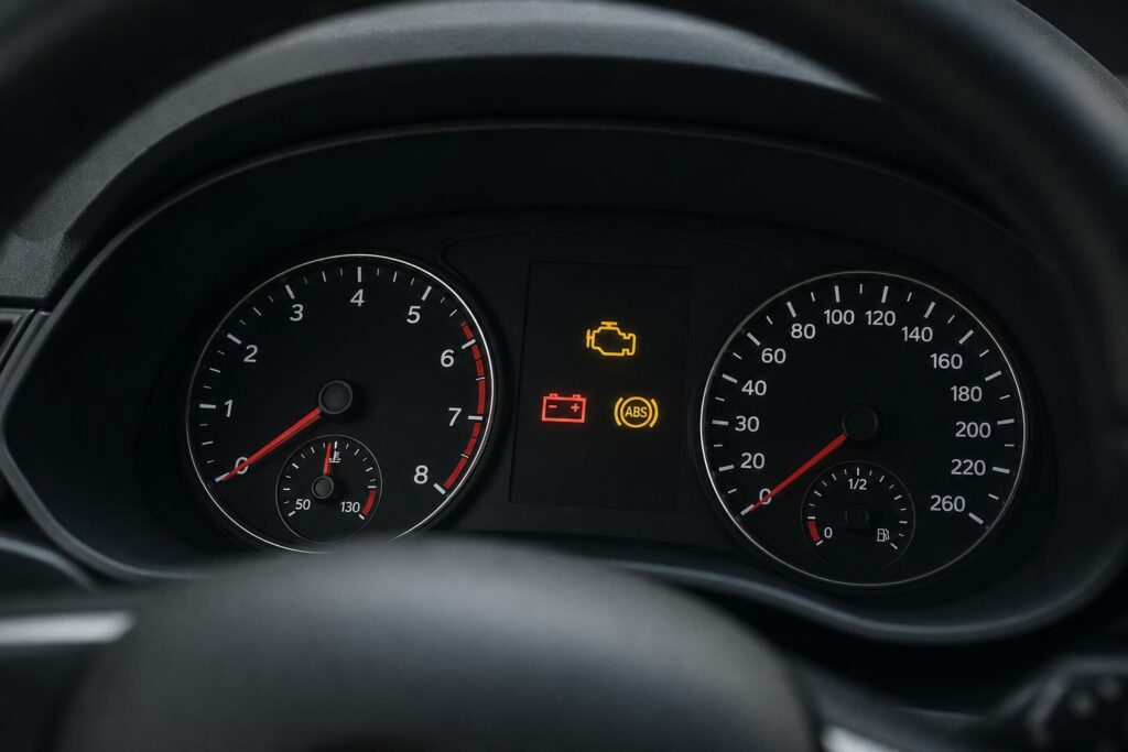 Autó műszerfala felvillanó motorhiba-, ABS- és akkumulátor-visszajelzőkkel