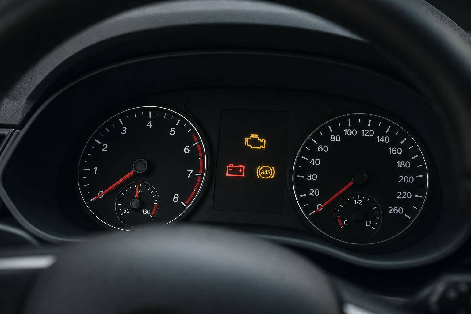 Autó műszerfala felvillanó motorhiba-, ABS- és akkumulátor-visszajelzőkkel
