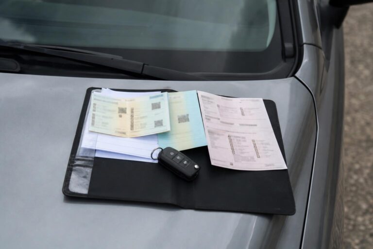 Használt autó motorháztetején elhelyezett járműokmányok és autókulcs, a törzskönyv ellenőrzését szemléltetve