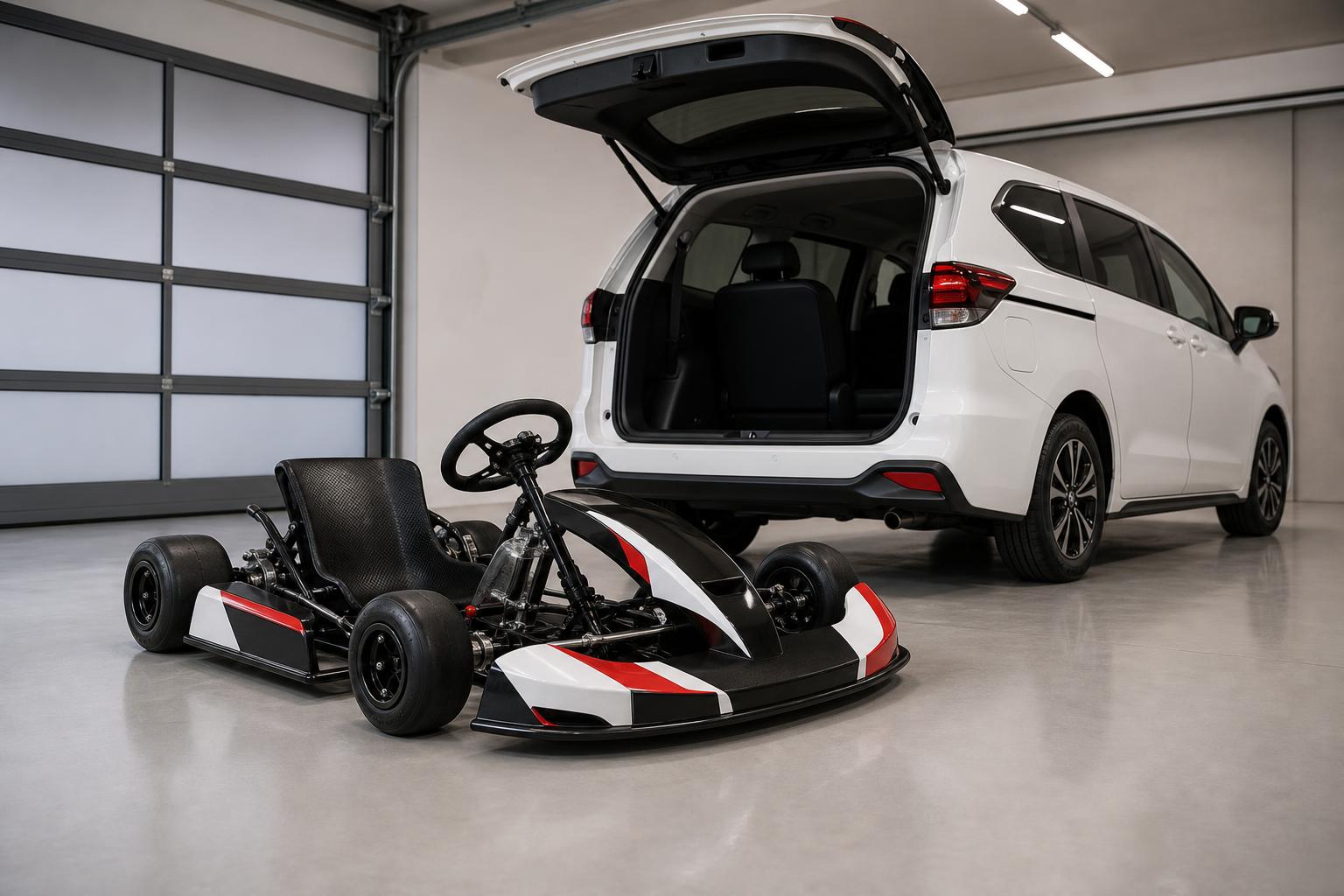 Toyota GR Kart egy családi egyterű mellett, könnyű szállításra utaló garázsjelenetben