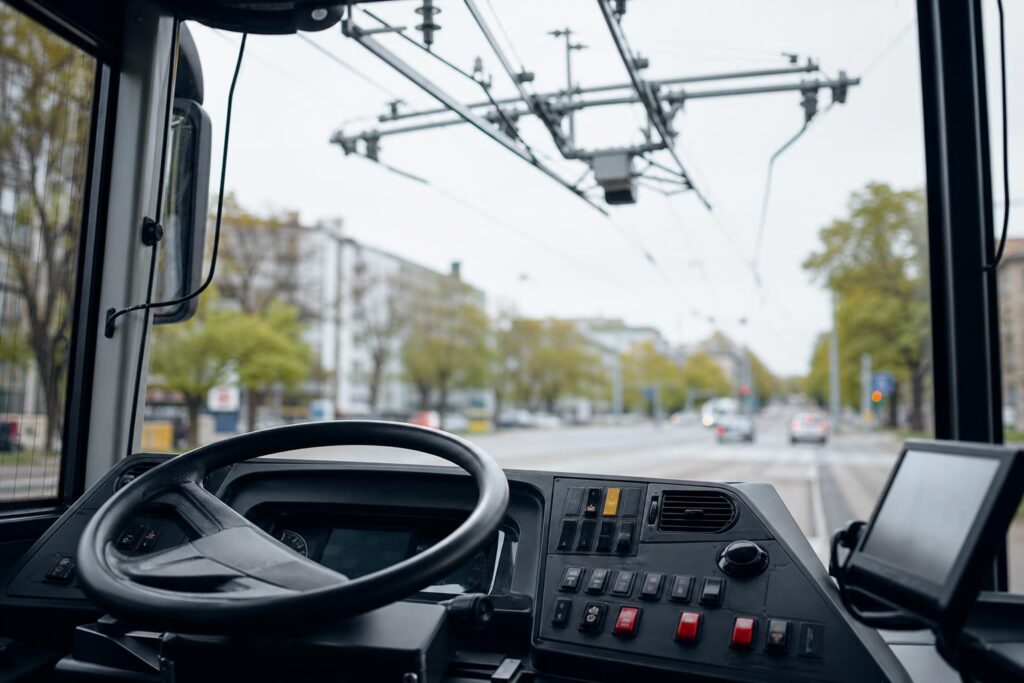 Modern trolibusz vezetőfülkéje műszerfallal és a felsővezetékekkel a szélvédőn át