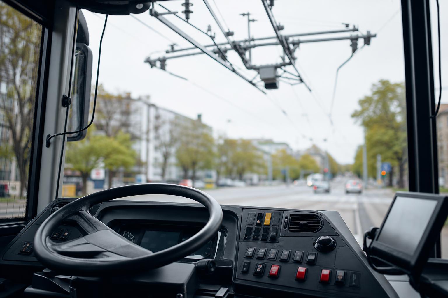 Modern trolibusz vezetőfülkéje műszerfallal és a felsővezetékekkel a szélvédőn át