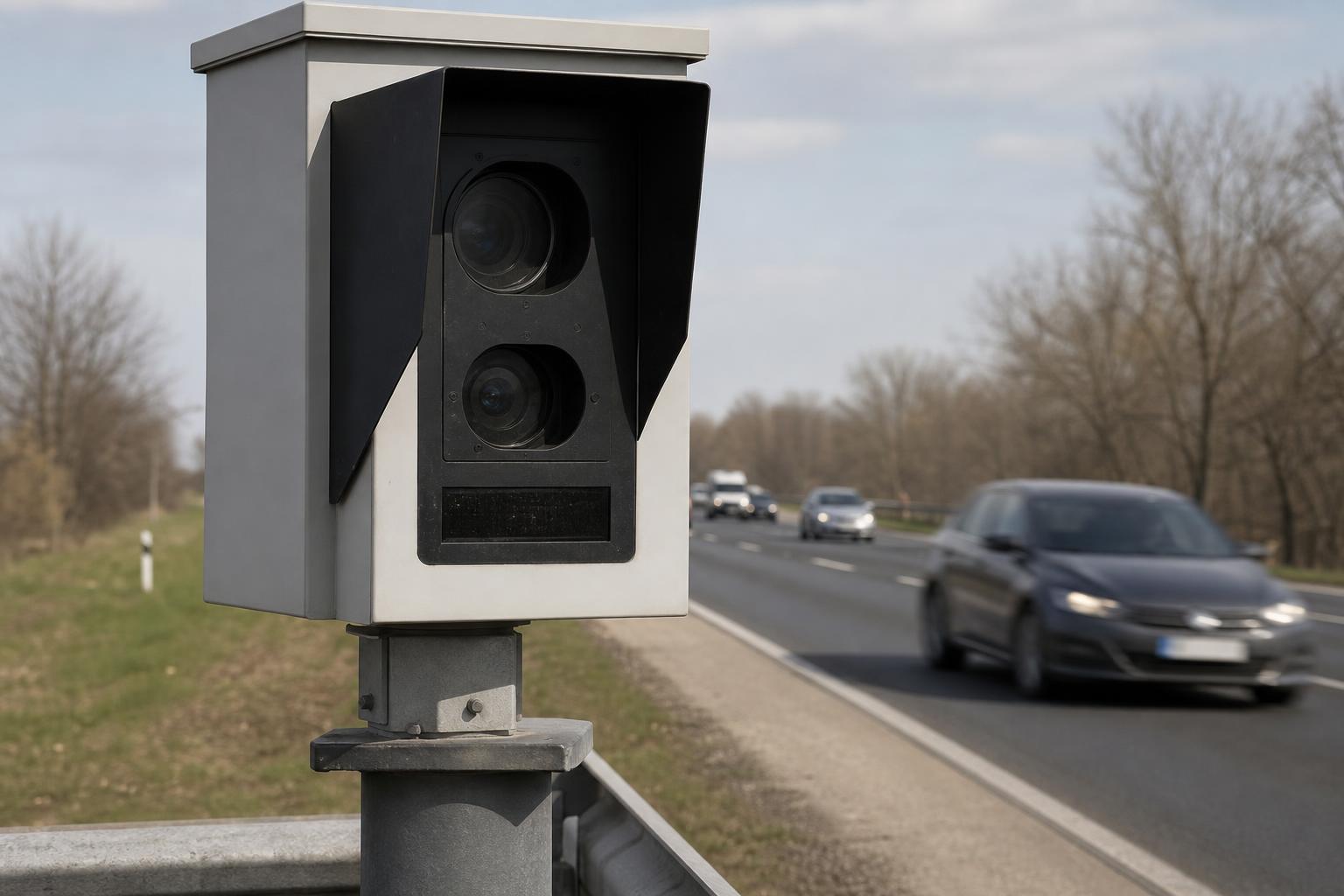 Rögzített traffipax készülék egy útszéli útszakaszon, elhaladó autók sebességét mérve