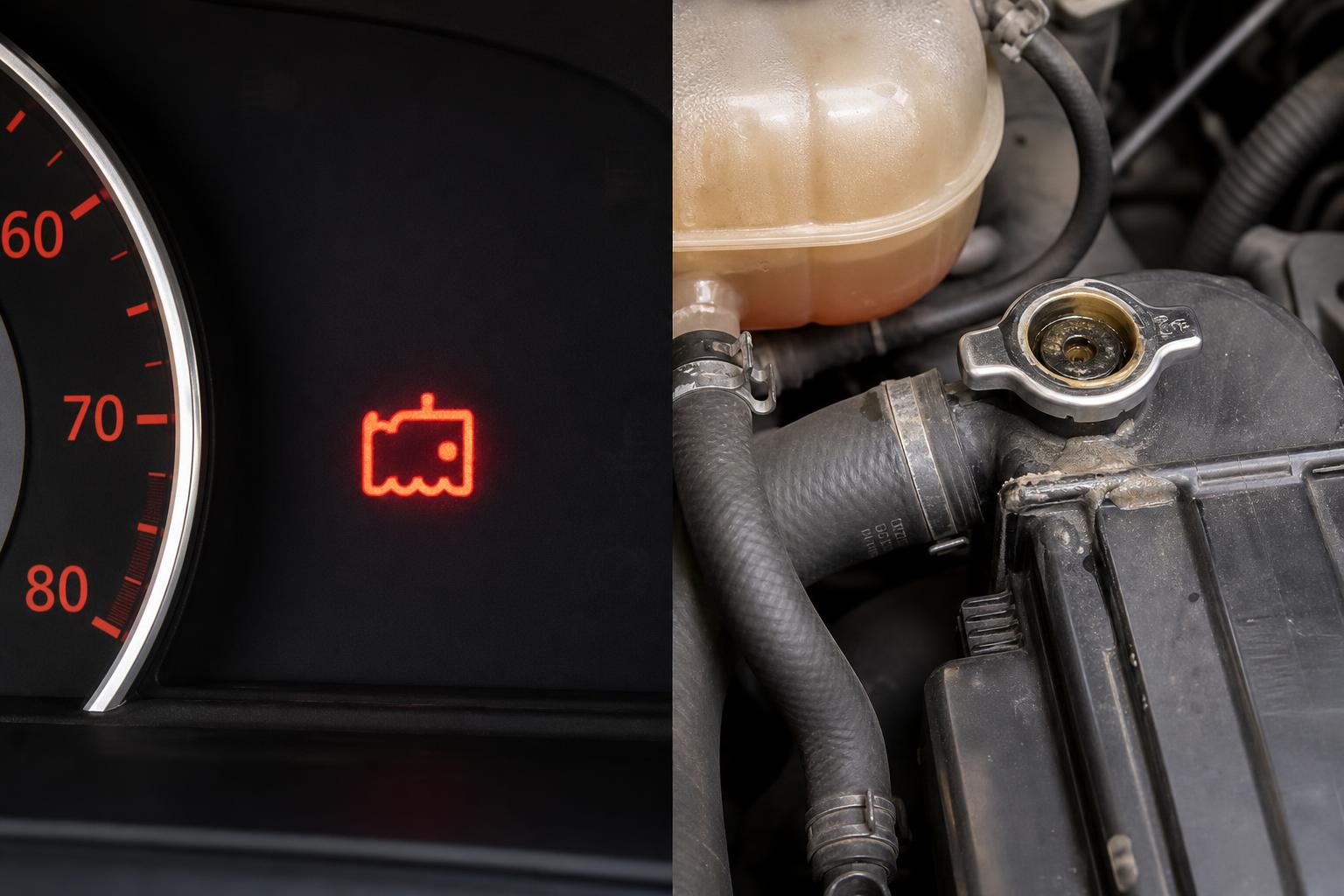 Autó motorterében látható hűtőfolyadék-tartály és hűtőcső a túl nagy hűtőrendszeri nyomás szemléltetésére