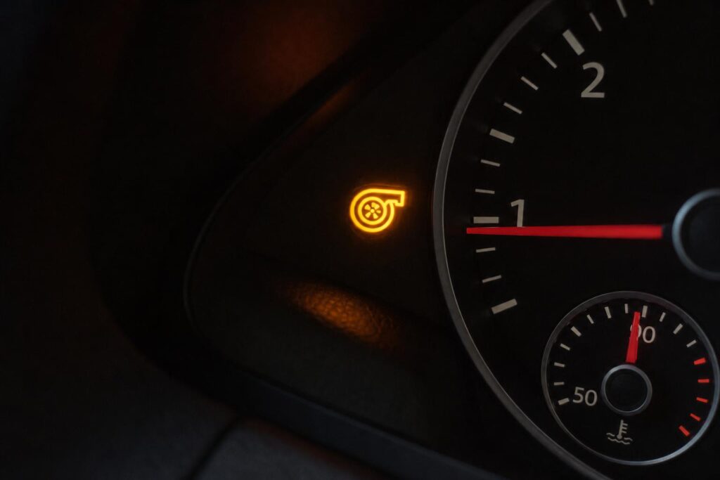 Autó műszerfala világító motorhiba-jelzővel turbónyomás-probléma esetén
