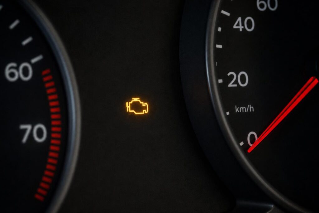 Autó műszerfala felkapcsolt motorhiba-jelző ikonnal turbónyomás-hiány esetén
