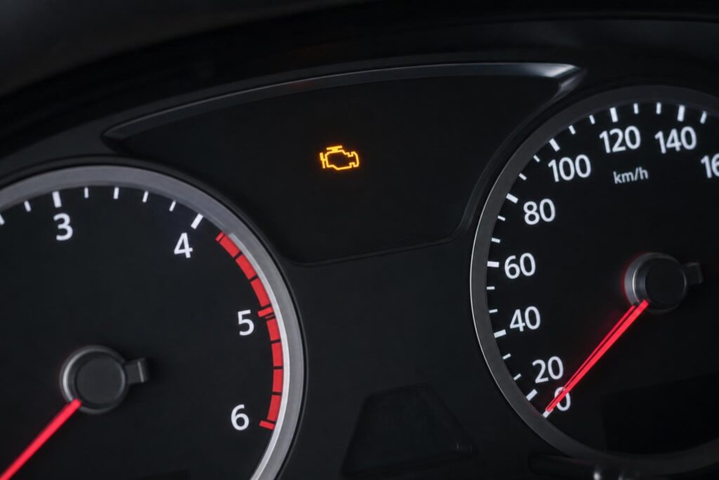Autó műszerfala világító motorhiba-jelző ikonnal alacsony turbónyomás lehetséges jeleként