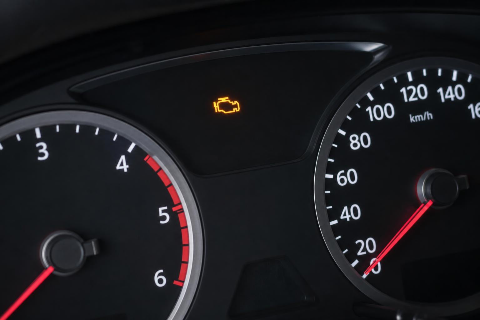 Autó műszerfala világító motorhiba-jelző ikonnal alacsony turbónyomás lehetséges jeleként