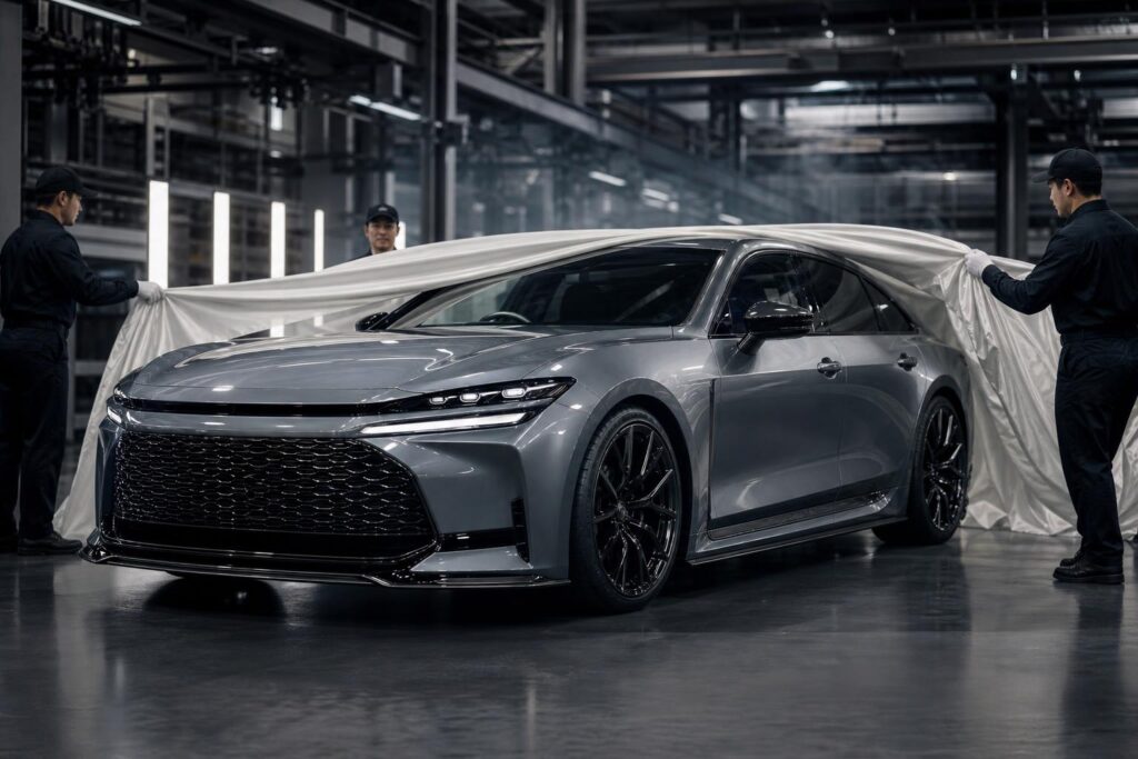 A következő generációs Nissan Skyline sportos szedánként egy japán bemutatóteremben