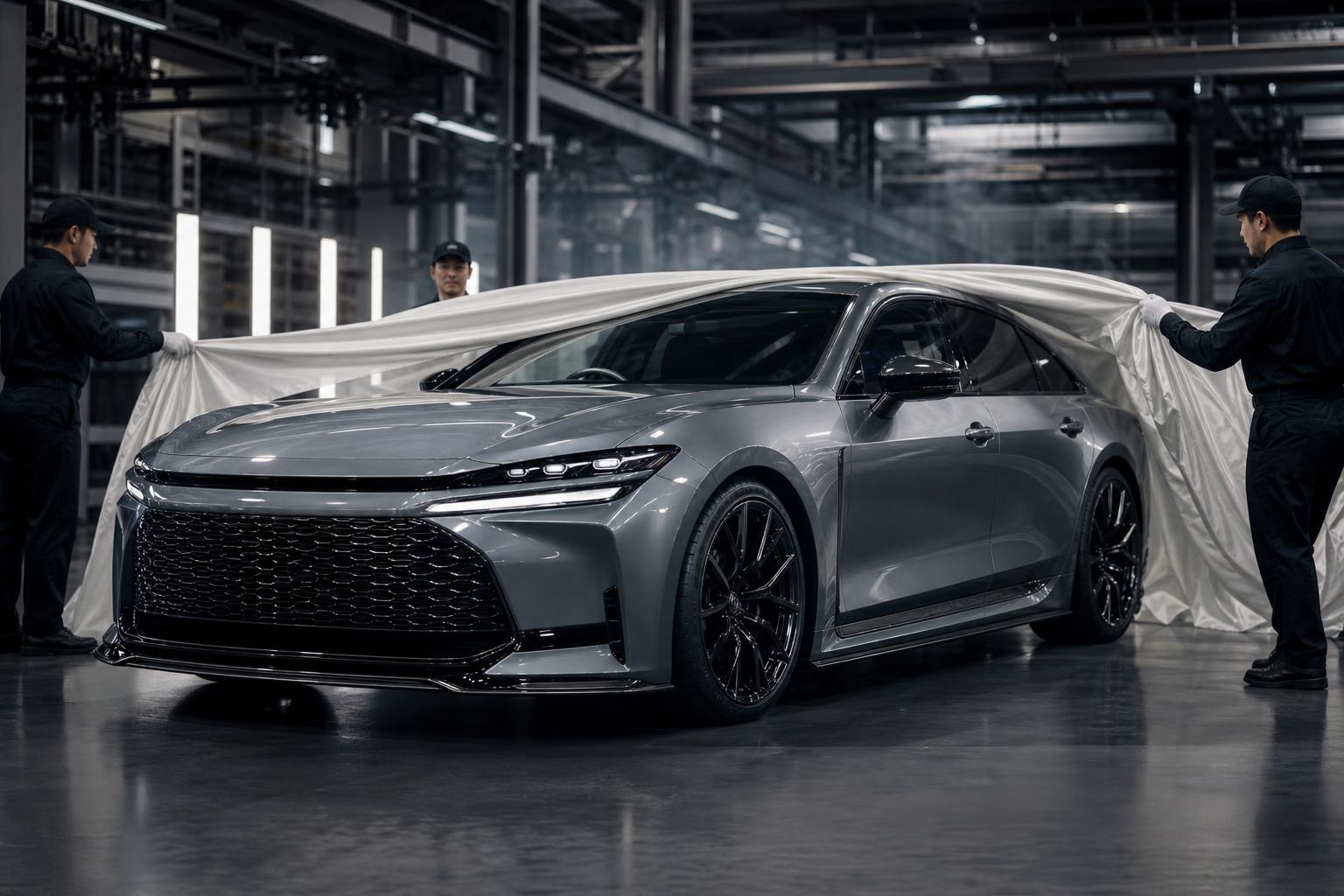 A következő generációs Nissan Skyline sportos szedánként egy japán bemutatóteremben