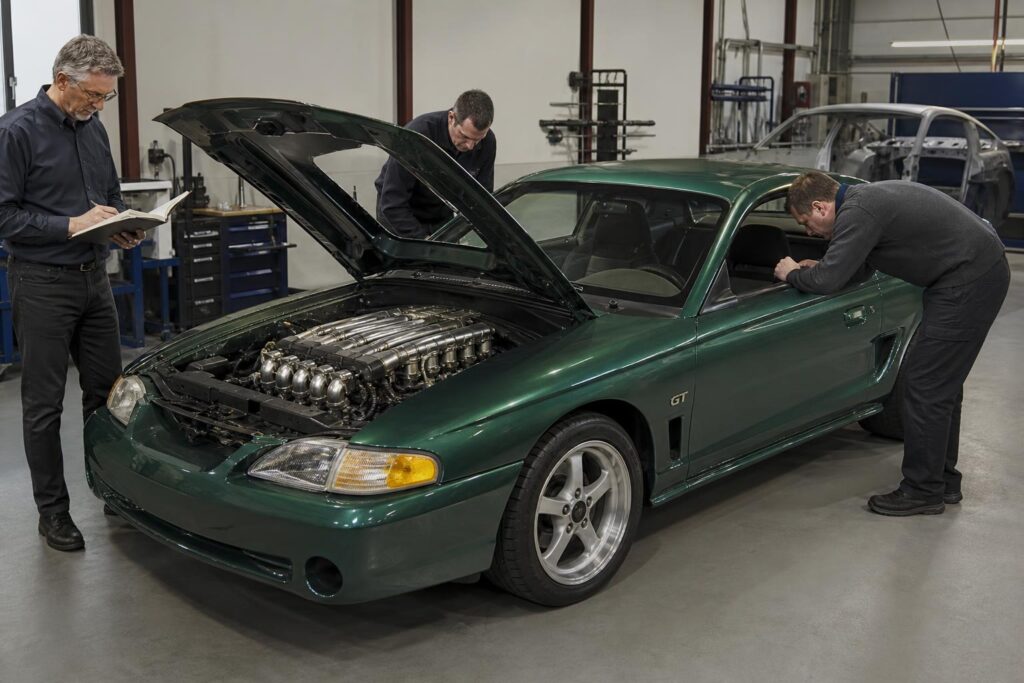 Felújított, V10-es Ford Mustang-prototípus egy műhelyben