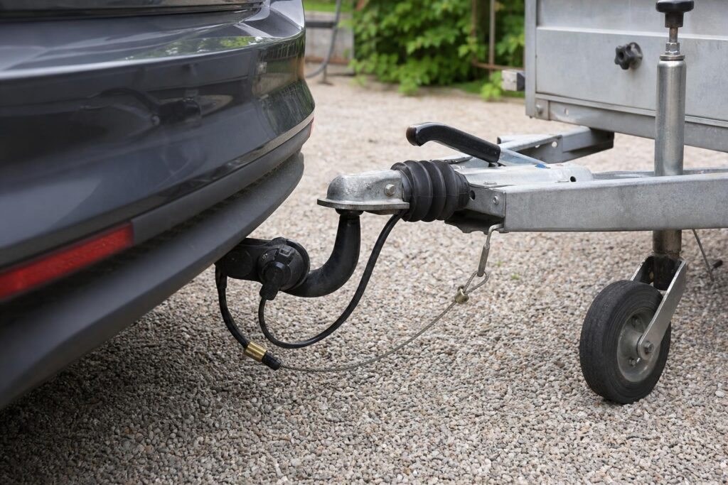 Autó vonóhorga biztonsági kötéllel és elektromos csatlakozóval, hozzákapcsolt utánfutóval